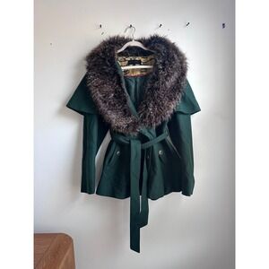Steve Madden Women's Green Wool Blend Coat Faux Fur Shawl Collar Belted Jacket